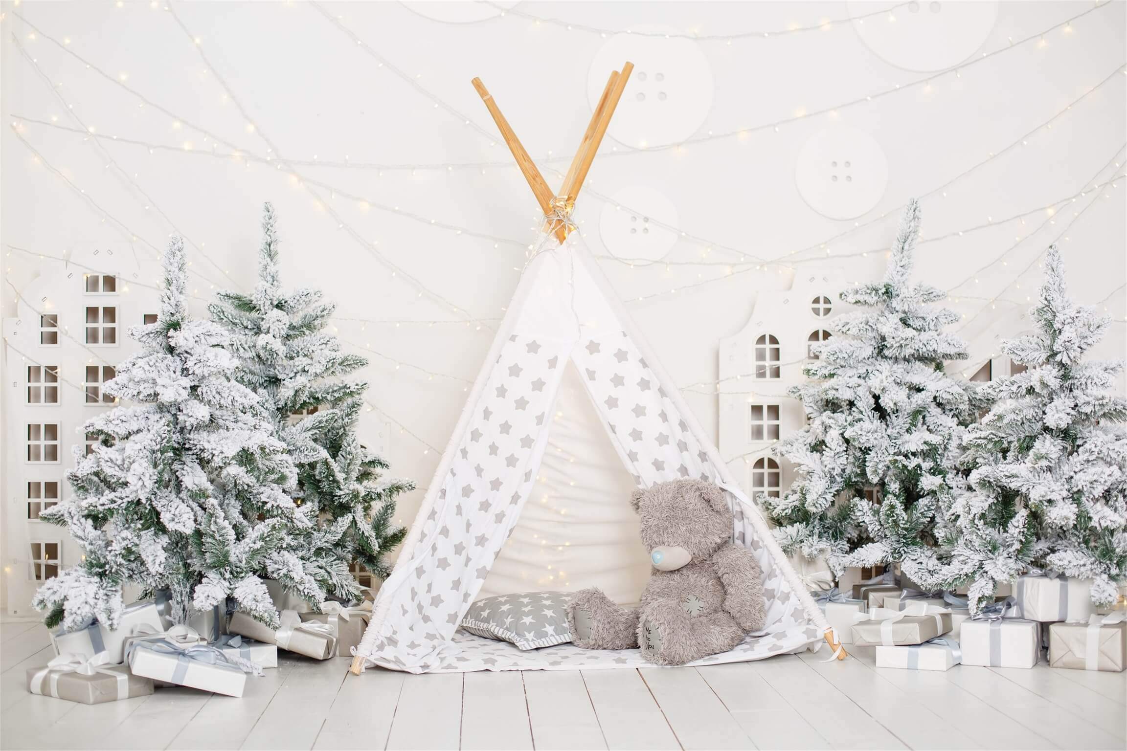 Noël faible Saturé Startent Ours Neige Arbre de Noël Cadeau Toile de fond M12-29