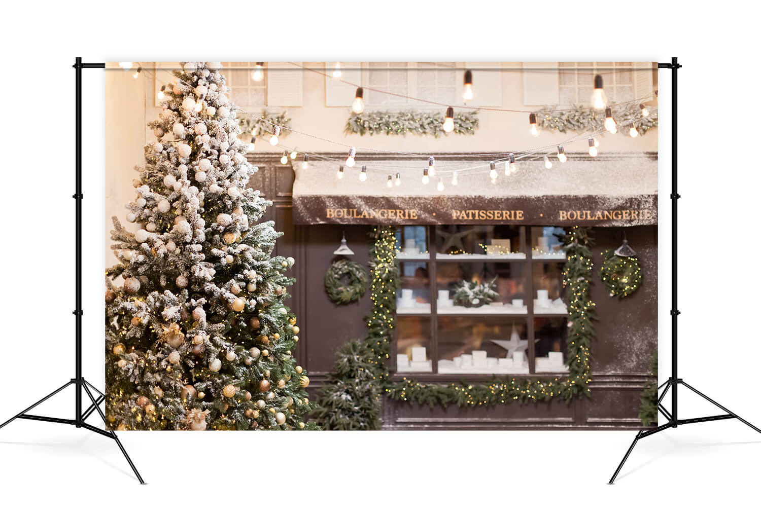 Noël Café Scène de Rue Elégante Décoration Or Arbre de Noël Toile de fond M12-31
