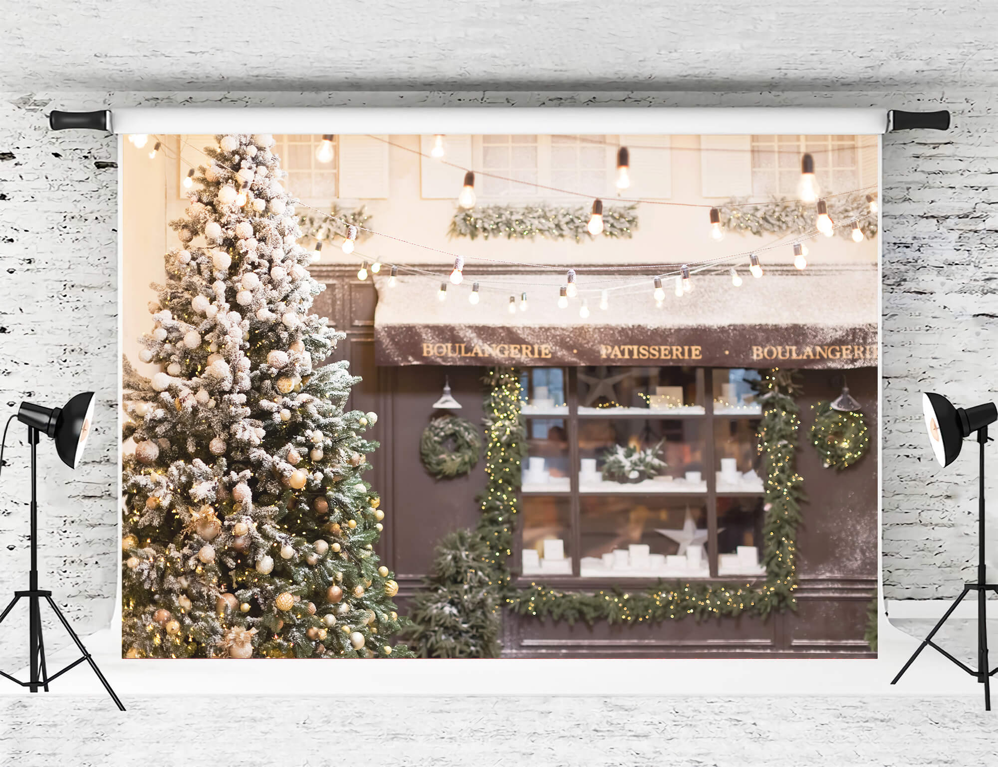 Noël Café Scène de Rue Elégante Décoration Or Arbre de Noël Toile de fond M12-31