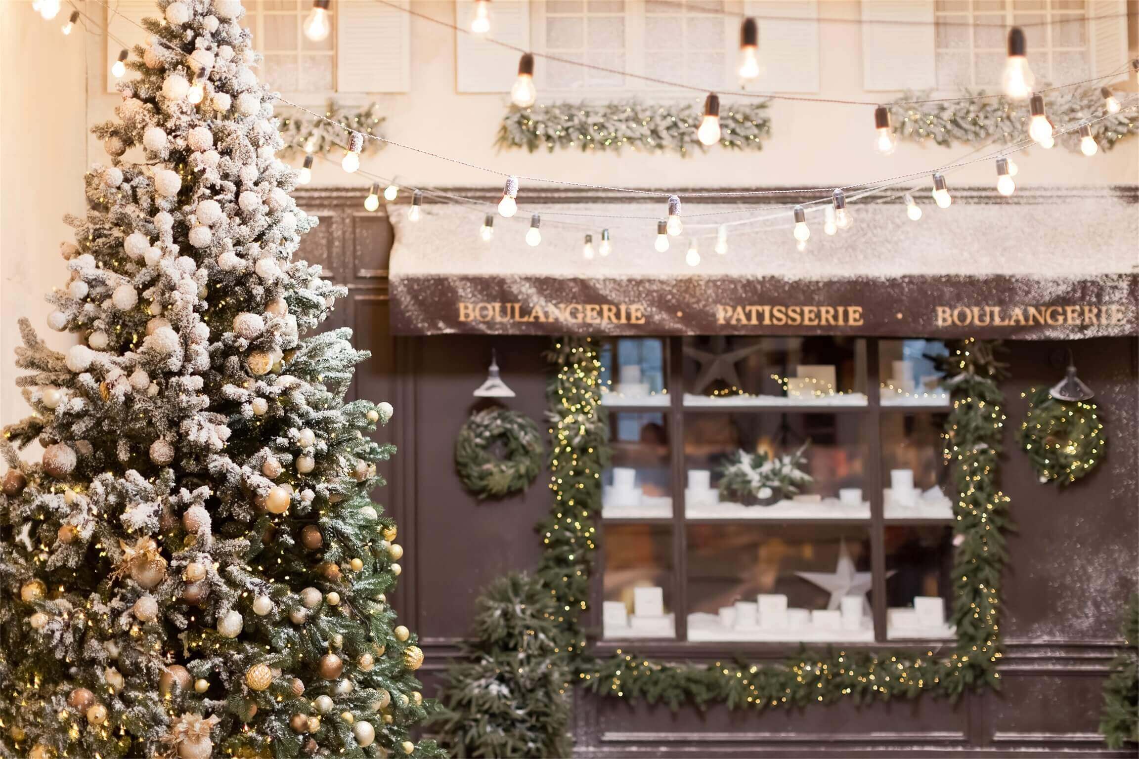 Noël Café Scène de Rue Elégante Décoration Or Arbre de Noël Toile de fond M12-31
