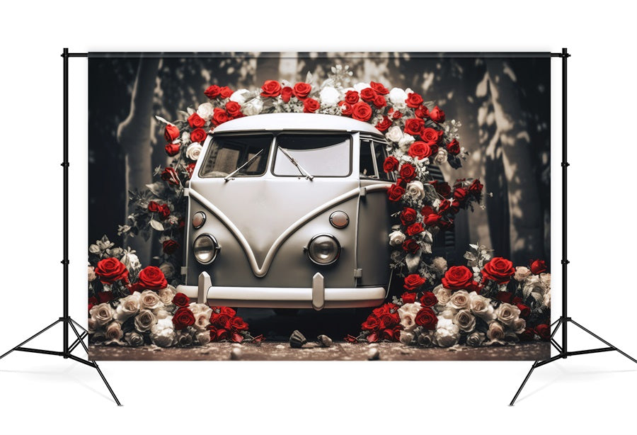 St Valentin Voiture Vintage Roses Rouges et Blanches Romantique Toile de fond M12-34