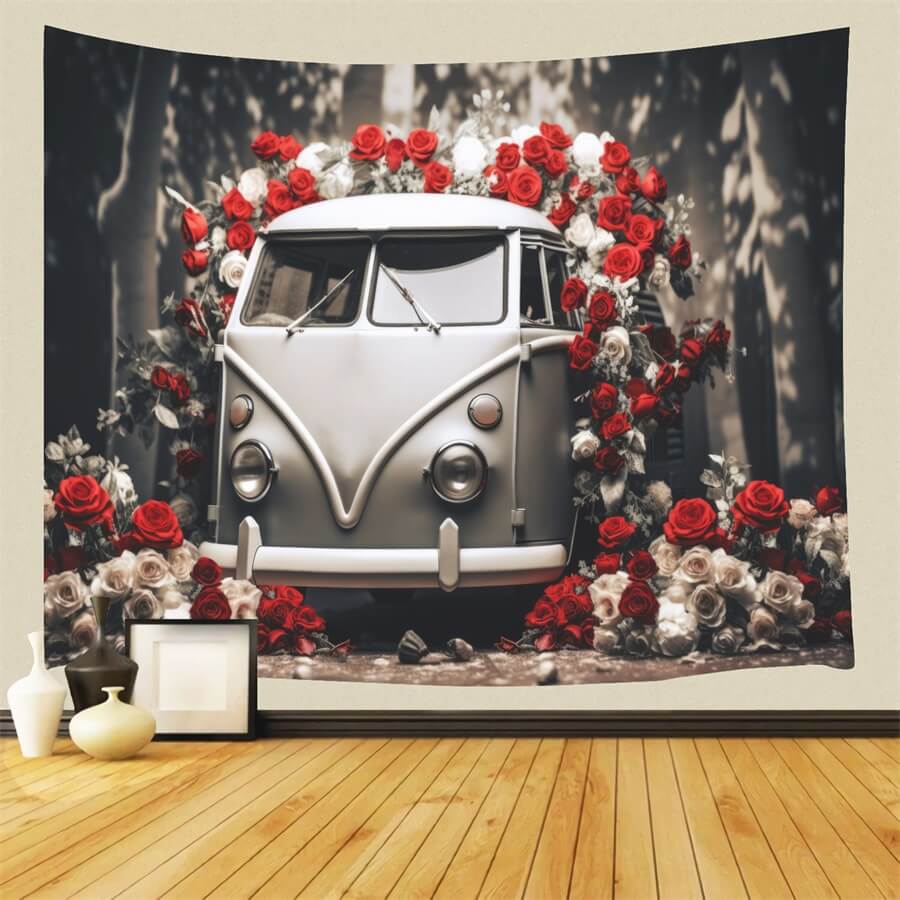 St Valentin Voiture Vintage Roses Rouges et Blanches Romantique Toile de fond M12-34