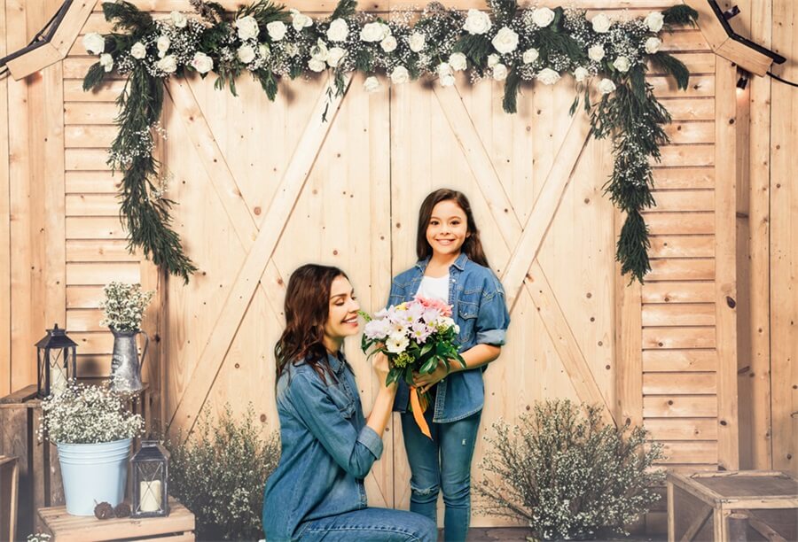 St Valentin Porte Grange Bûche Roses Blanches Nuit Etoilée Décoration Toile de fond M12-40