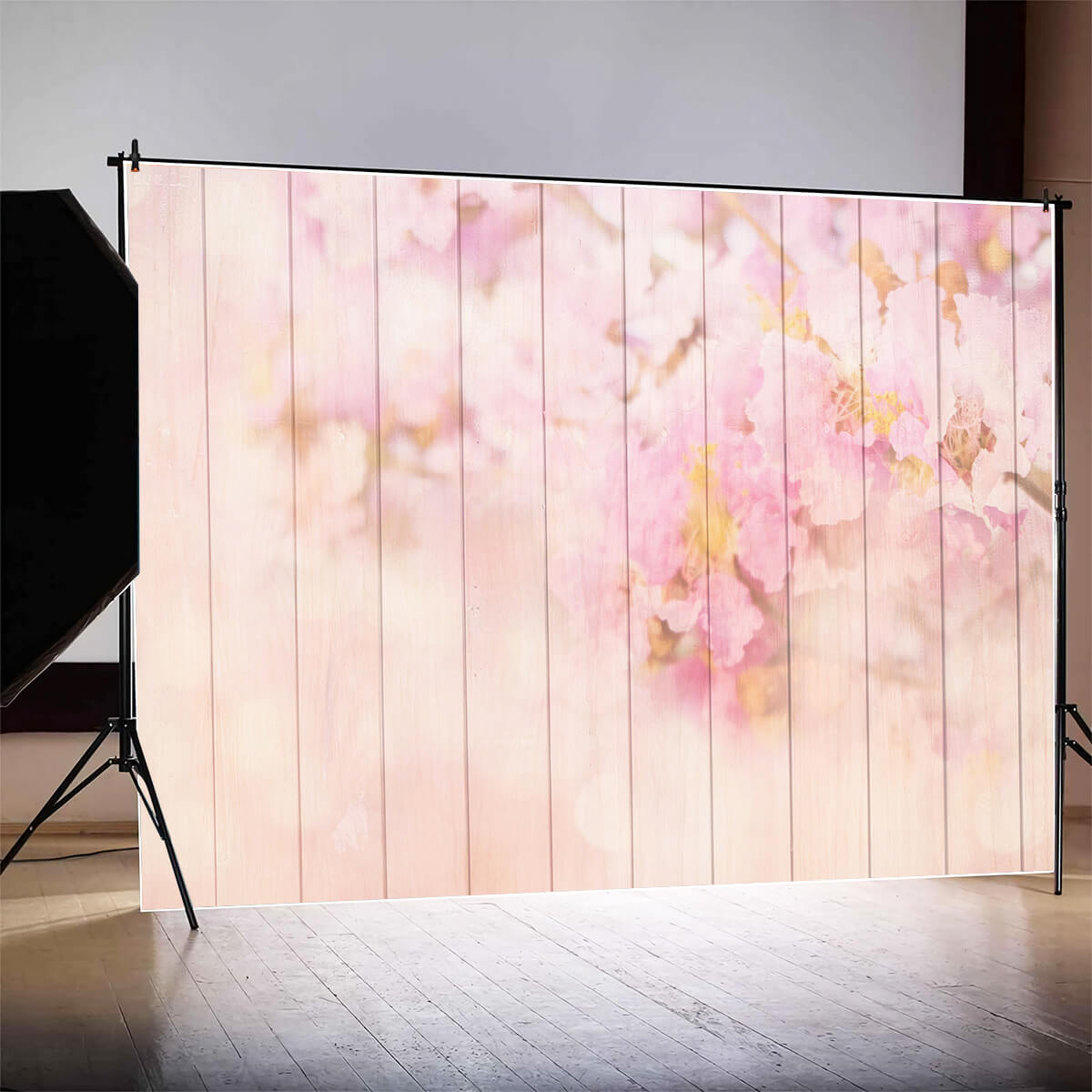 Scène Florale Rose Clair Dispersée Plancher en Bois Toile de fond M12-44