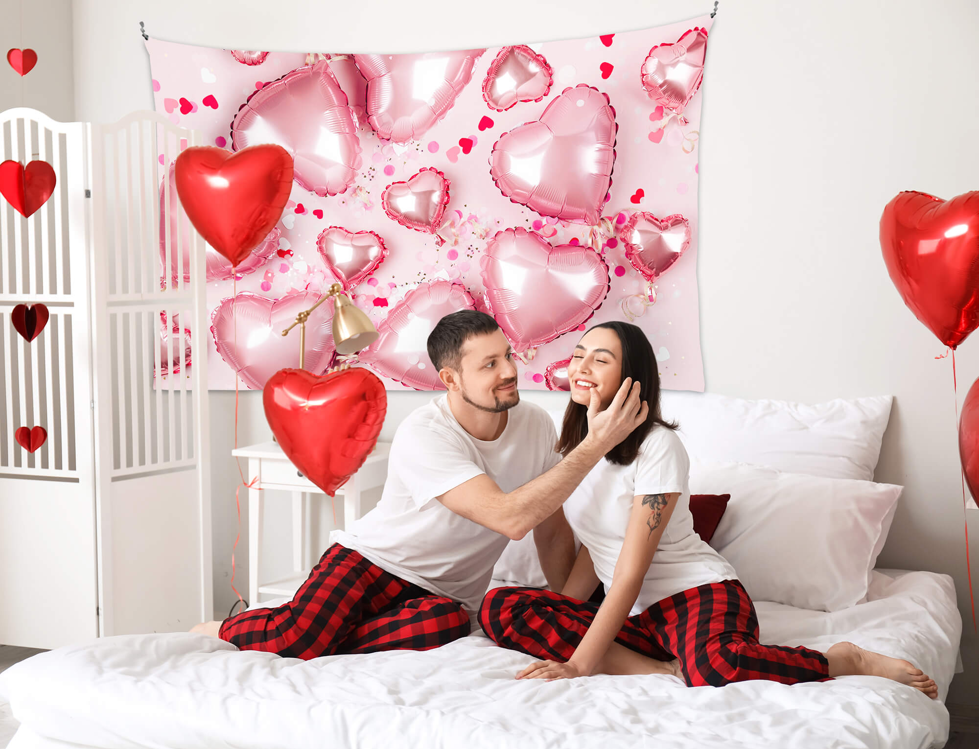 St Valentin Rose vif Ballon Coeur Perle Paillettes Coeur Romantique Toile de fond M12-50