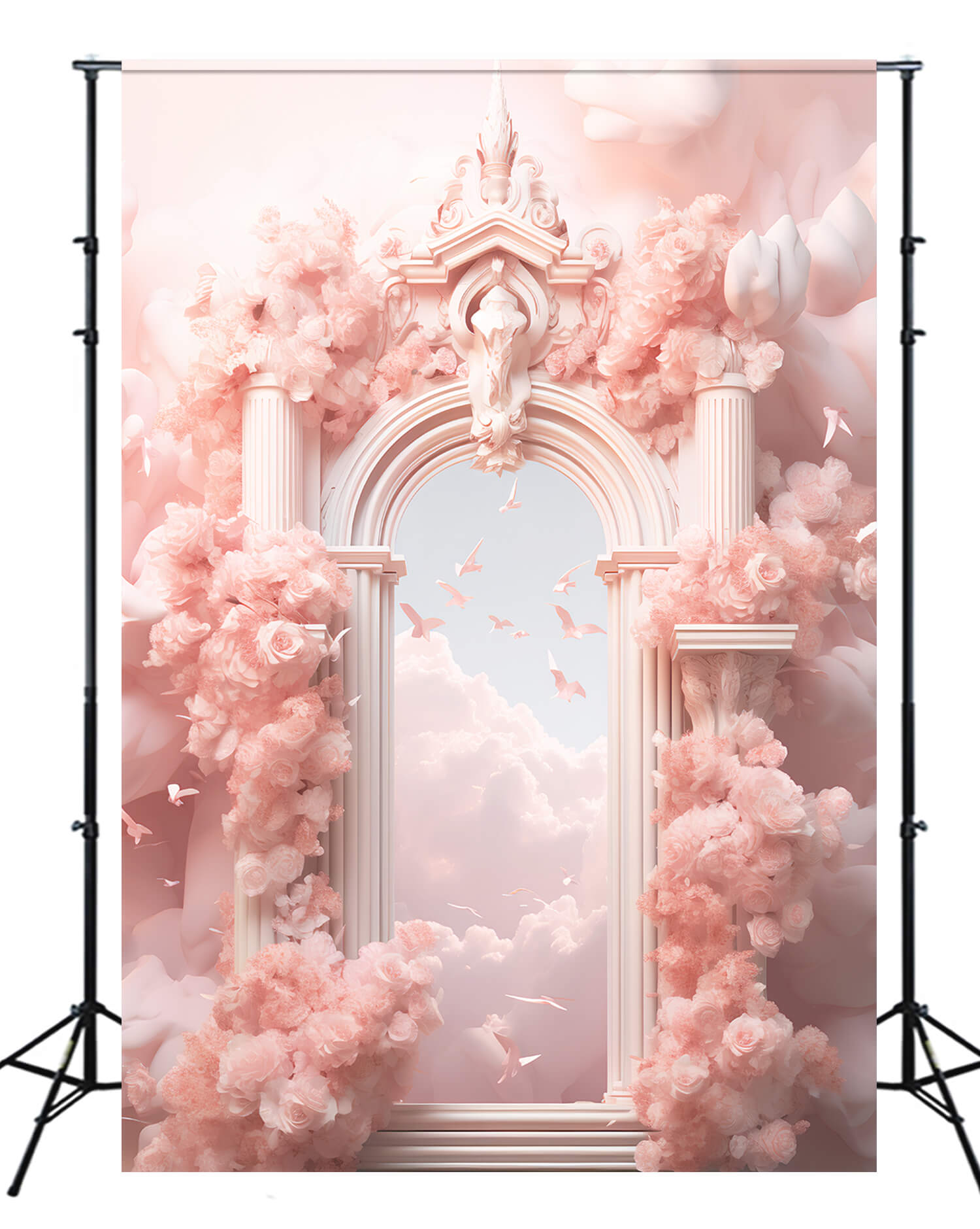 Toile de fond rose rêveuse fleurs enveloppées porte du paradis nuages oiseaux volants M2-14