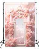 Toile de fond rose rêveuse fleurs enveloppées porte du paradis nuages oiseaux volants M2-14