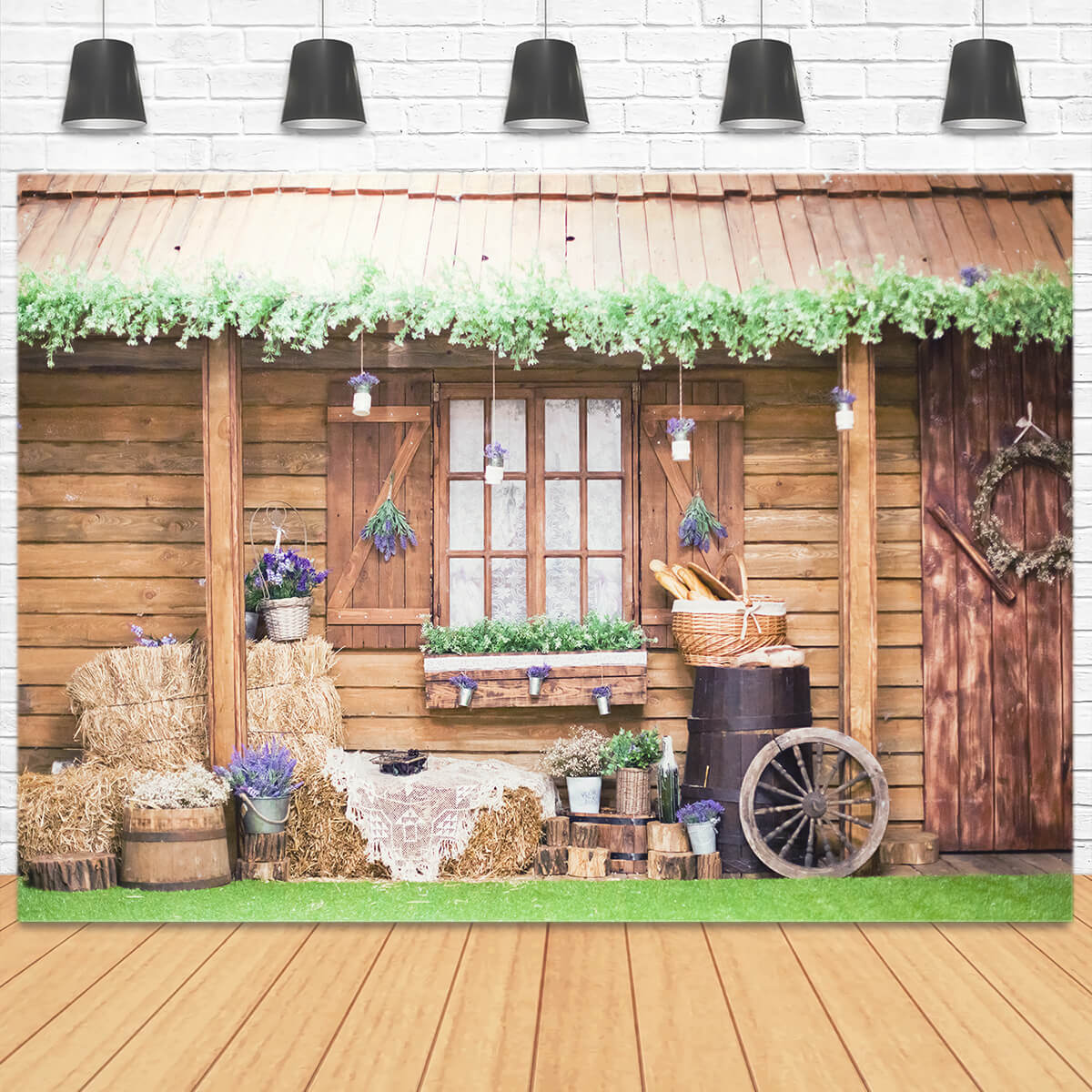 Rustique Cabine Vigne Décorative Avant-toit Pourpre Lavande Accent Porche Toile de fond M2-16