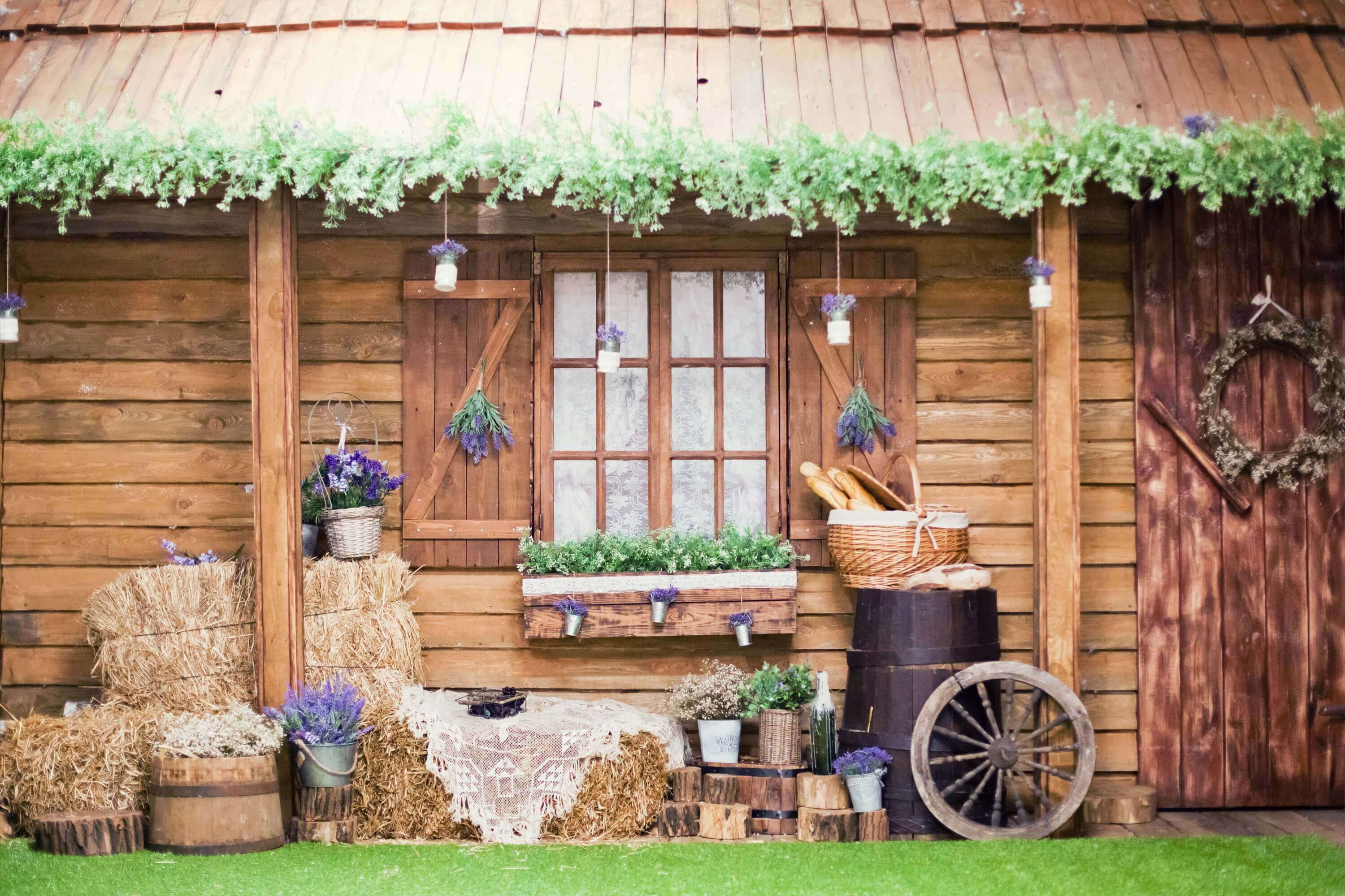 Rustique Cabine Vigne Décorative Avant-toit Pourpre Lavande Accent Porche Toile de fond M2-16