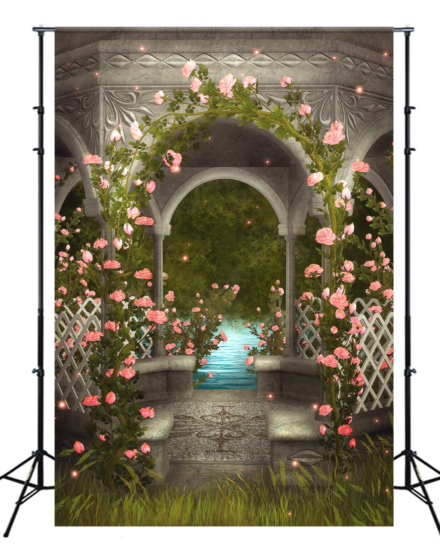 Romantique Rose Roses Sauvages Autour de Gazebo Marbre Ruisseau Forêt Toile de fond M2-18