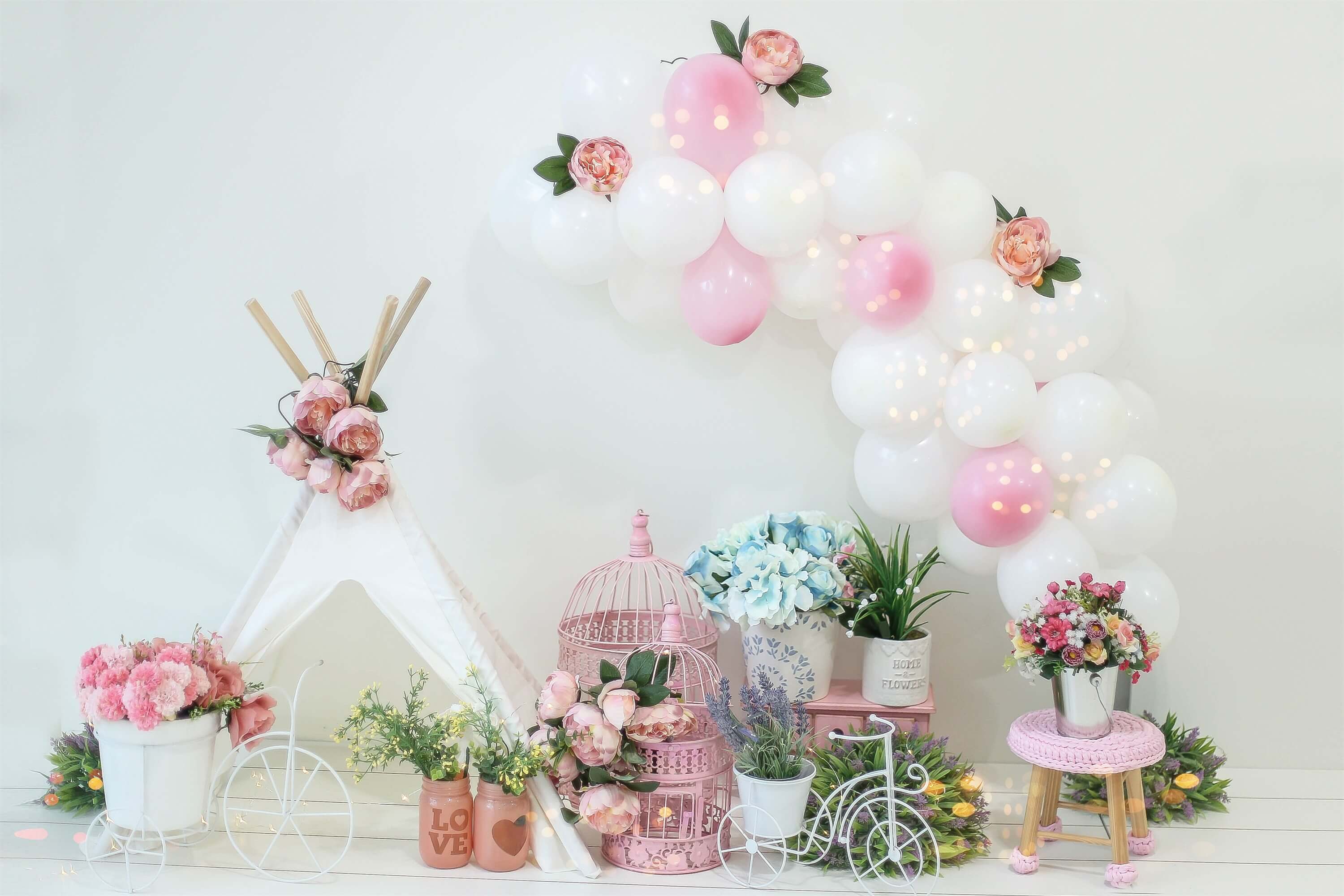 Fleur Ballon rose et blanche Petite tente Décoration artisanale Anniversaire Toile de fond M2-20