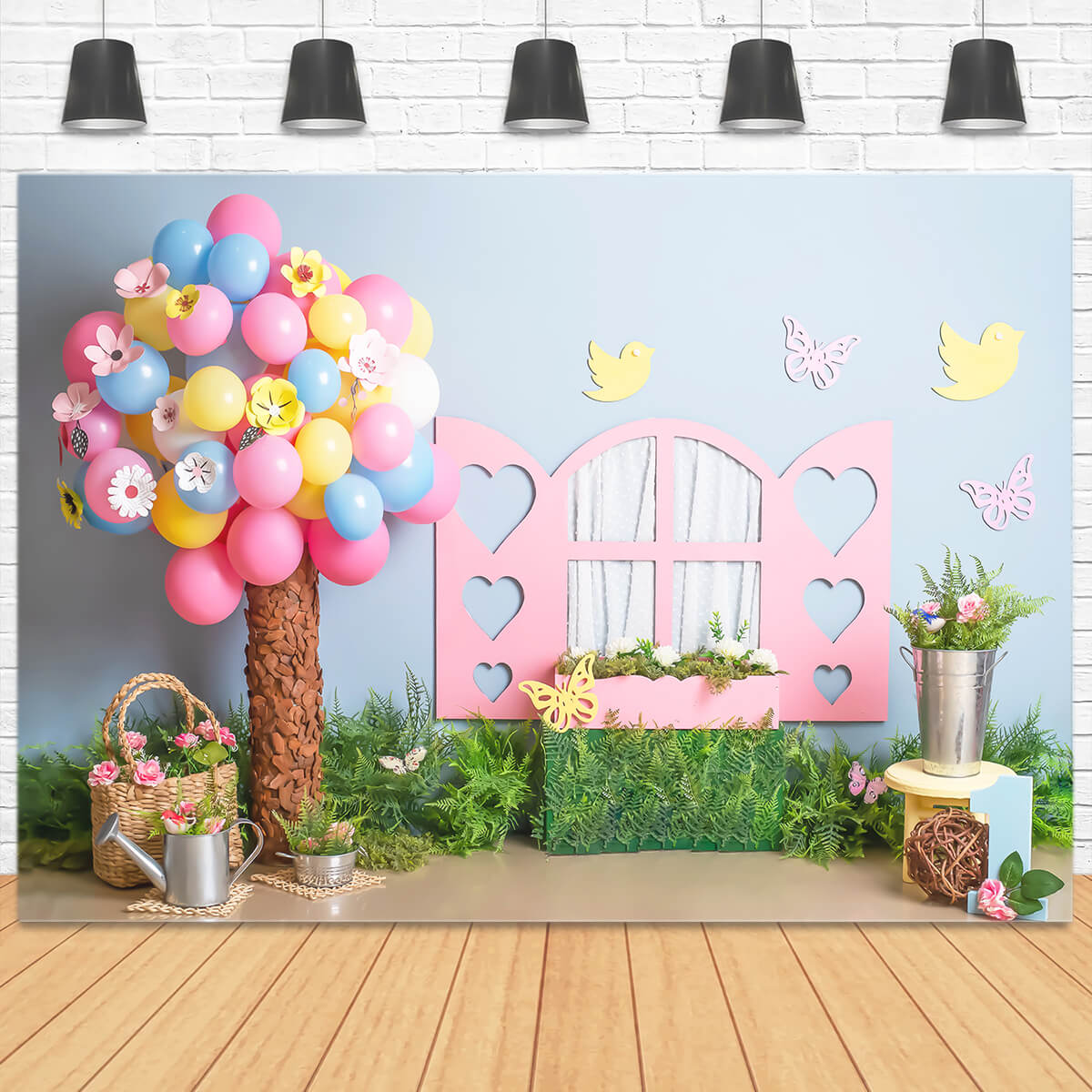 1er anniversaire Ballon coloré Arbre Bleu Mur Rose Fenêtre Oiseau Papillon Toile de fond M2-23