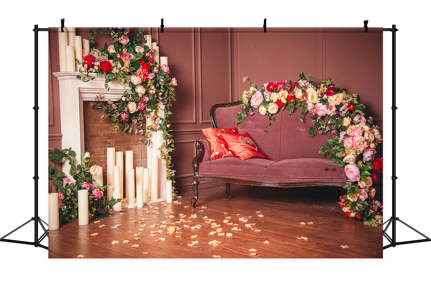 Ligne rouge foncé Chandelier mural Entourage de cheminée Fleur élégante Canapé Toile de fond M2-25