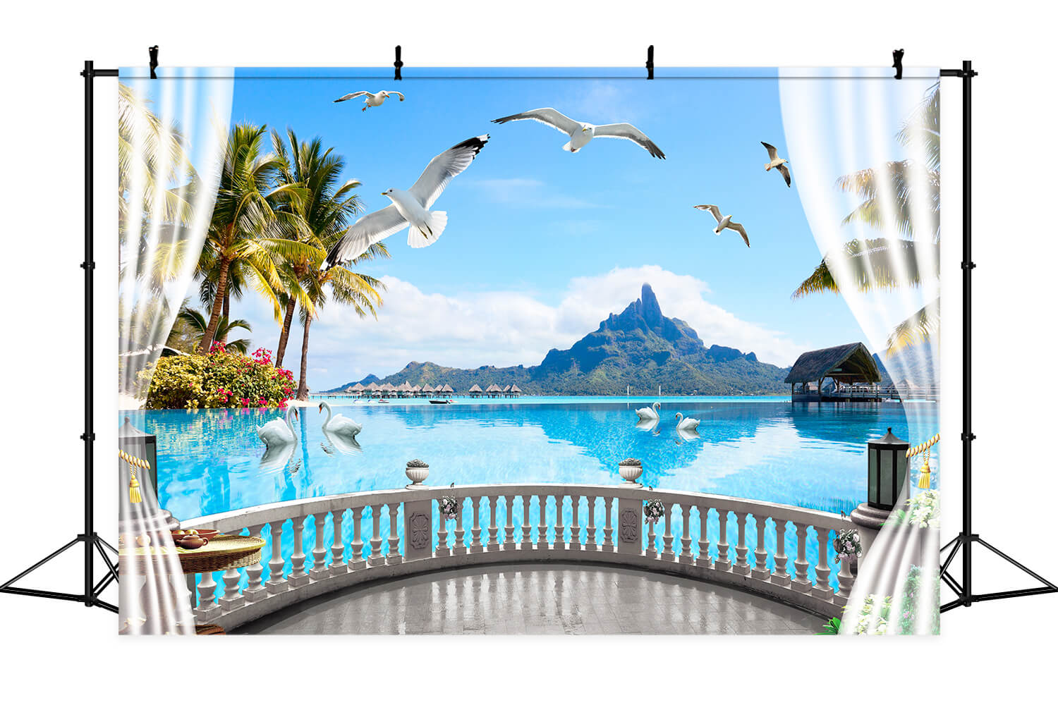 Villa vue mer Terrasse incurvée Cocotiers Collines lointaines Cygne Mouettes Toile de fond M2-26