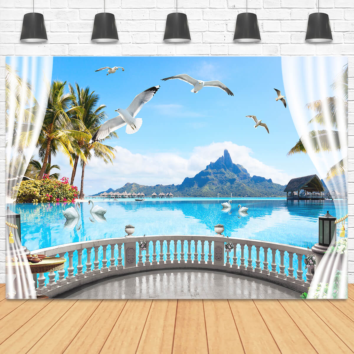 Villa vue mer Terrasse incurvée Cocotiers Collines lointaines Cygne Mouettes Toile de fond M2-26