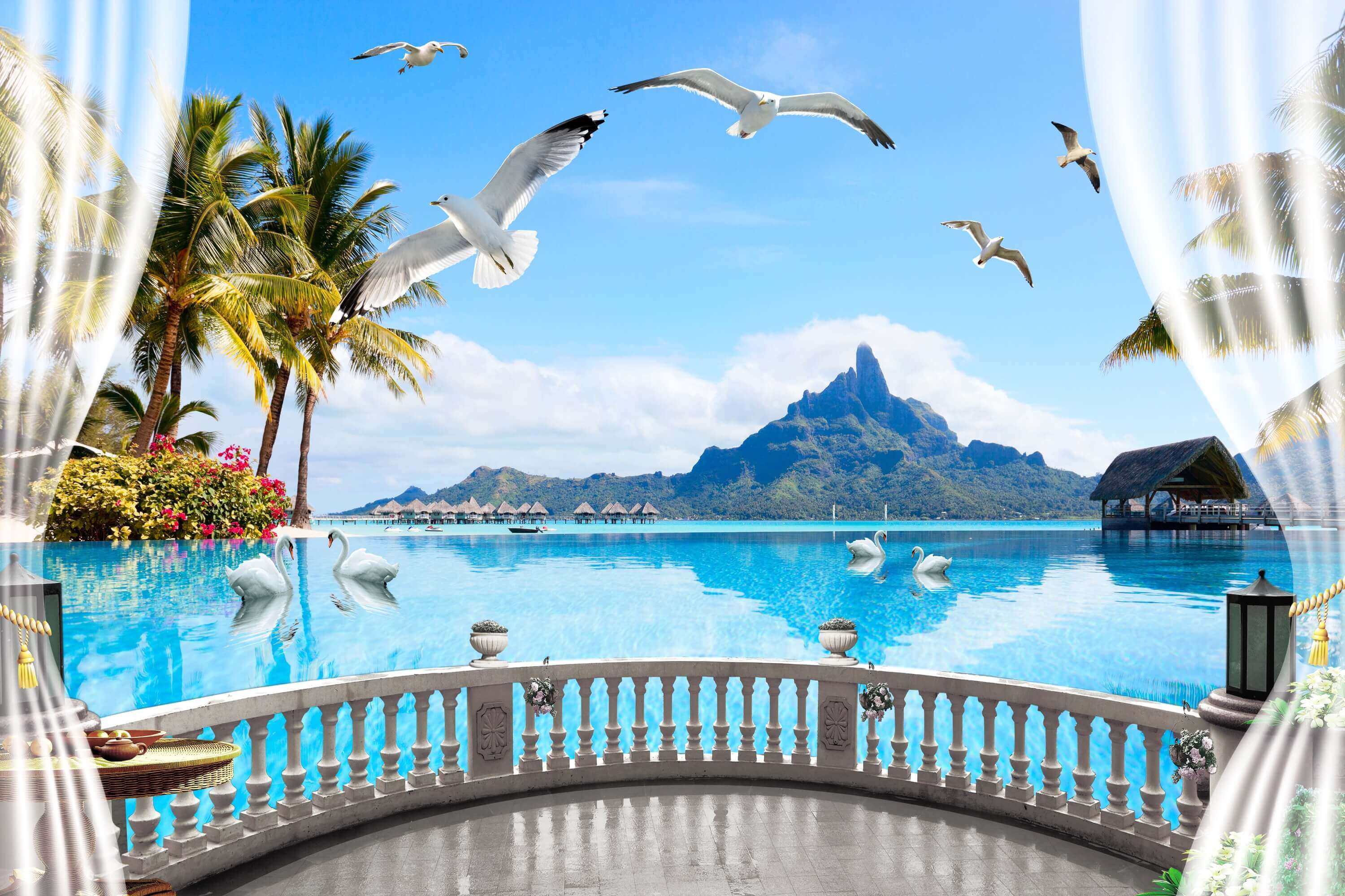 Villa vue mer Terrasse incurvée Cocotiers Collines lointaines Cygne Mouettes Toile de fond M2-26