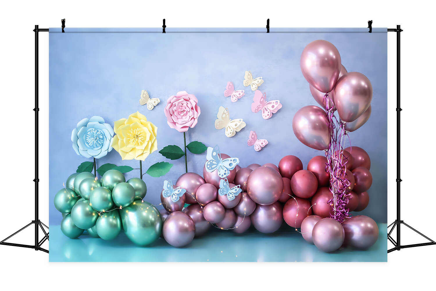 Anniversaire Bleu Mur Vert Rouge Ballon Lumière Confetti Papillon Fleur Toile de fond M2-28