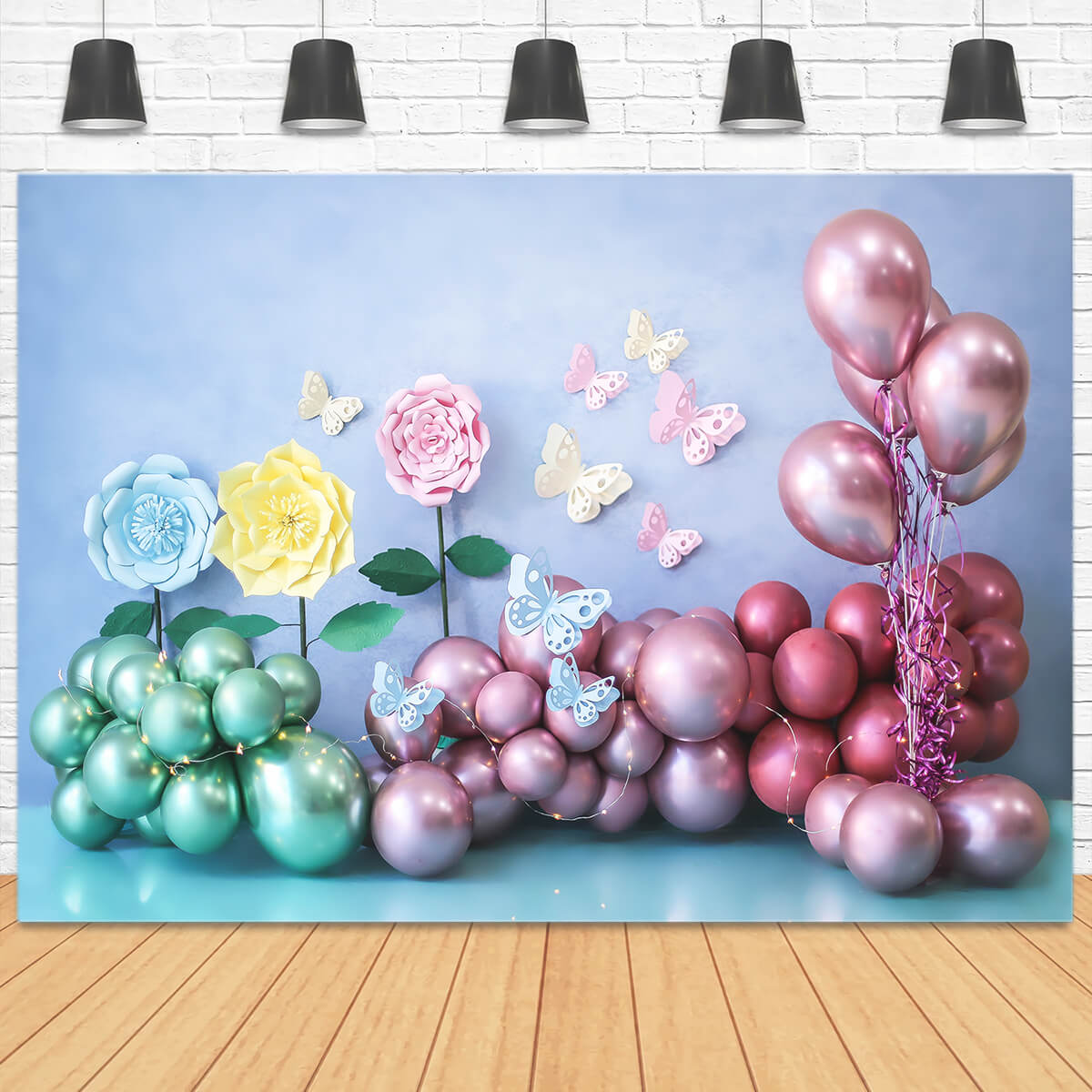 Anniversaire Bleu Mur Vert Rouge Ballon Lumière Confetti Papillon Fleur Toile de fond M2-28