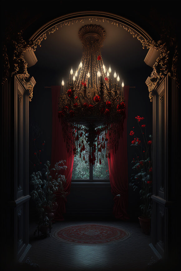 Gothique Porte Fenêtre Fleur Chandelier Toile de Fond M5-06