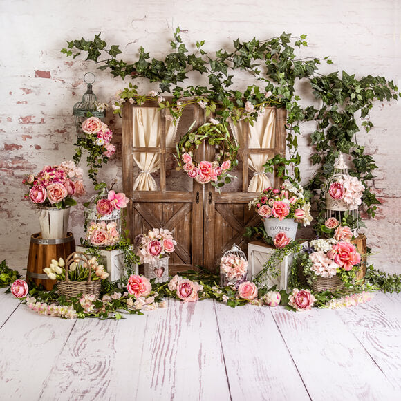Fleurs Roses Feuilles Vertes Toile de Fond de Printemps M5-144