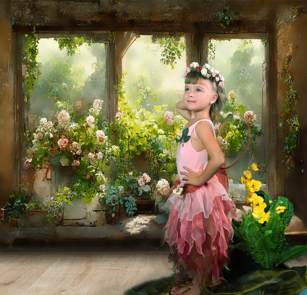 Jardin Fenêtre Fleurs Photographie Toile de Fond M5-44