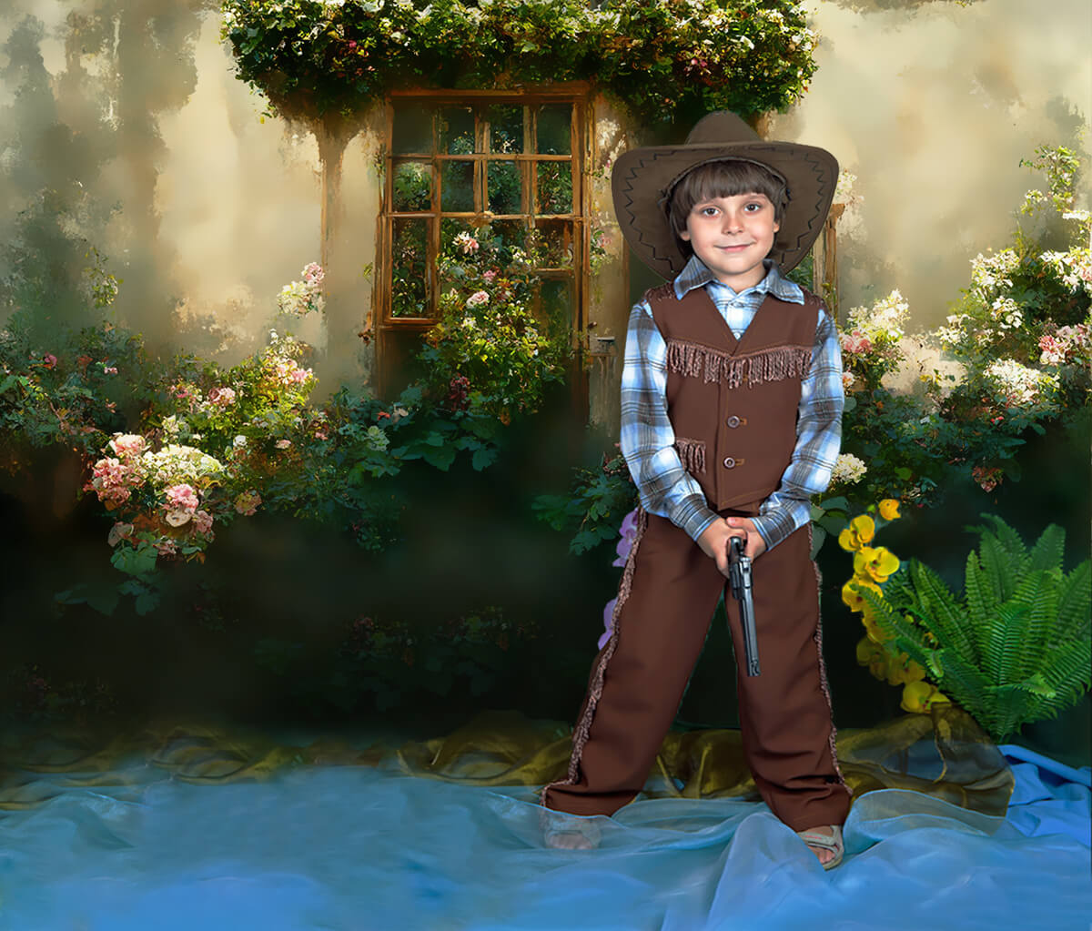 Toile de Fond de Fleurs de Fenêtre en Bois Vintage M5-46