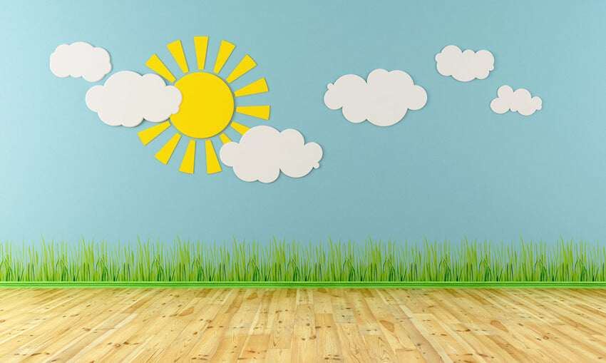 Dessin Animé Prairie Soleil Nuages École Toile de Fond M5-97