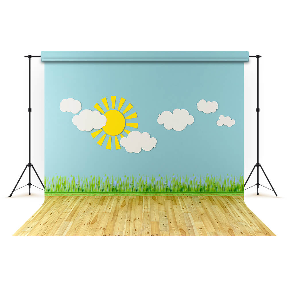 Dessin Animé Prairie Soleil Nuages École Toile de Fond M5-97