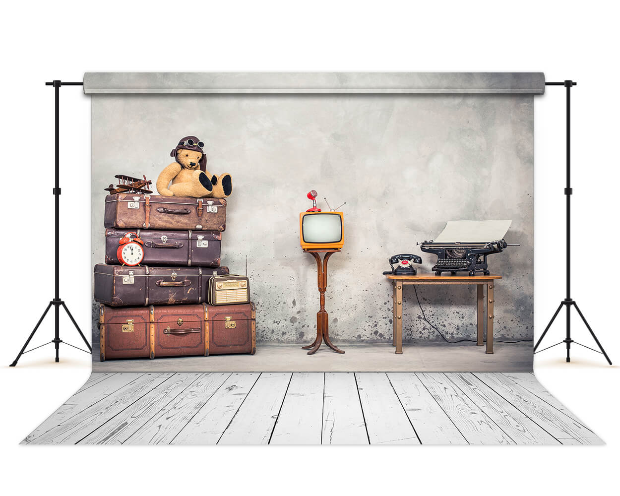 Rétro Ours Jouet Voyage Valises École Toile de Fond M6-01