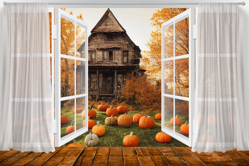 Automne Fenêtre Vue Citrouille Vieille Maison Toile de Fond M6-132