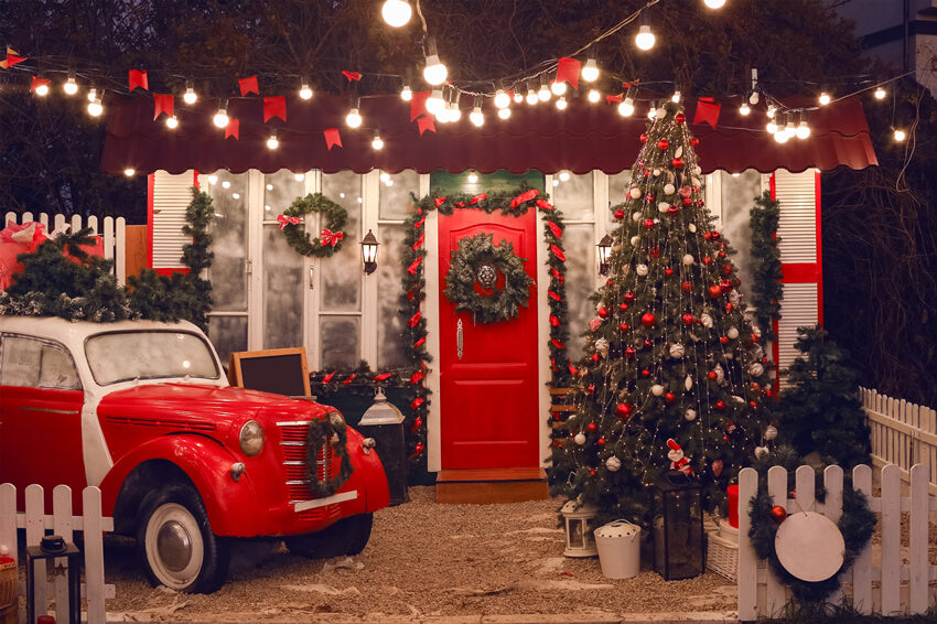 Toile de Fond de Photographie de Voiture Rouge Arbre de Noël M6-142