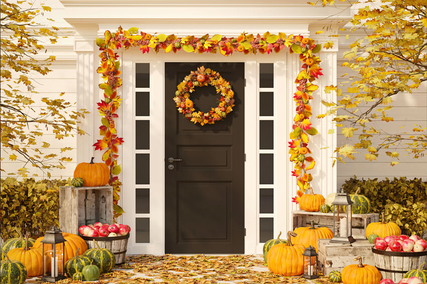 Porte D'entrée Feuilles D'érable Citrouille Automne Toile de Fond M6-36