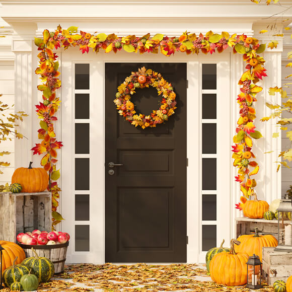 Porte D'entrée Feuilles D'érable Citrouille Automne Toile de Fond M6-36