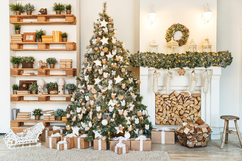 Arbre de Noël Étagère Cheminée Chaussette Toile de Fond M6-87