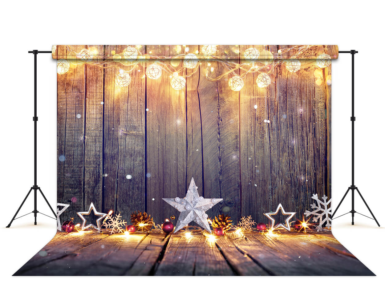 Toile de Fond de Noël Étoiles Lumières Fond de Bois M6-88