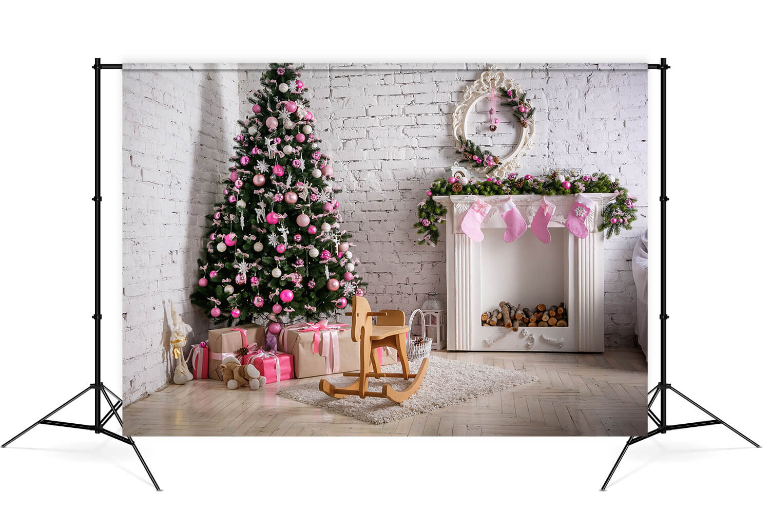 Sapin de Noël Rose Chaussettes Cheminée Toile de Fond M7-12