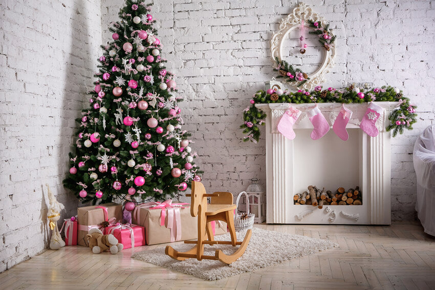 Sapin de Noël Rose Chaussettes Cheminée Toile de Fond M7-12
