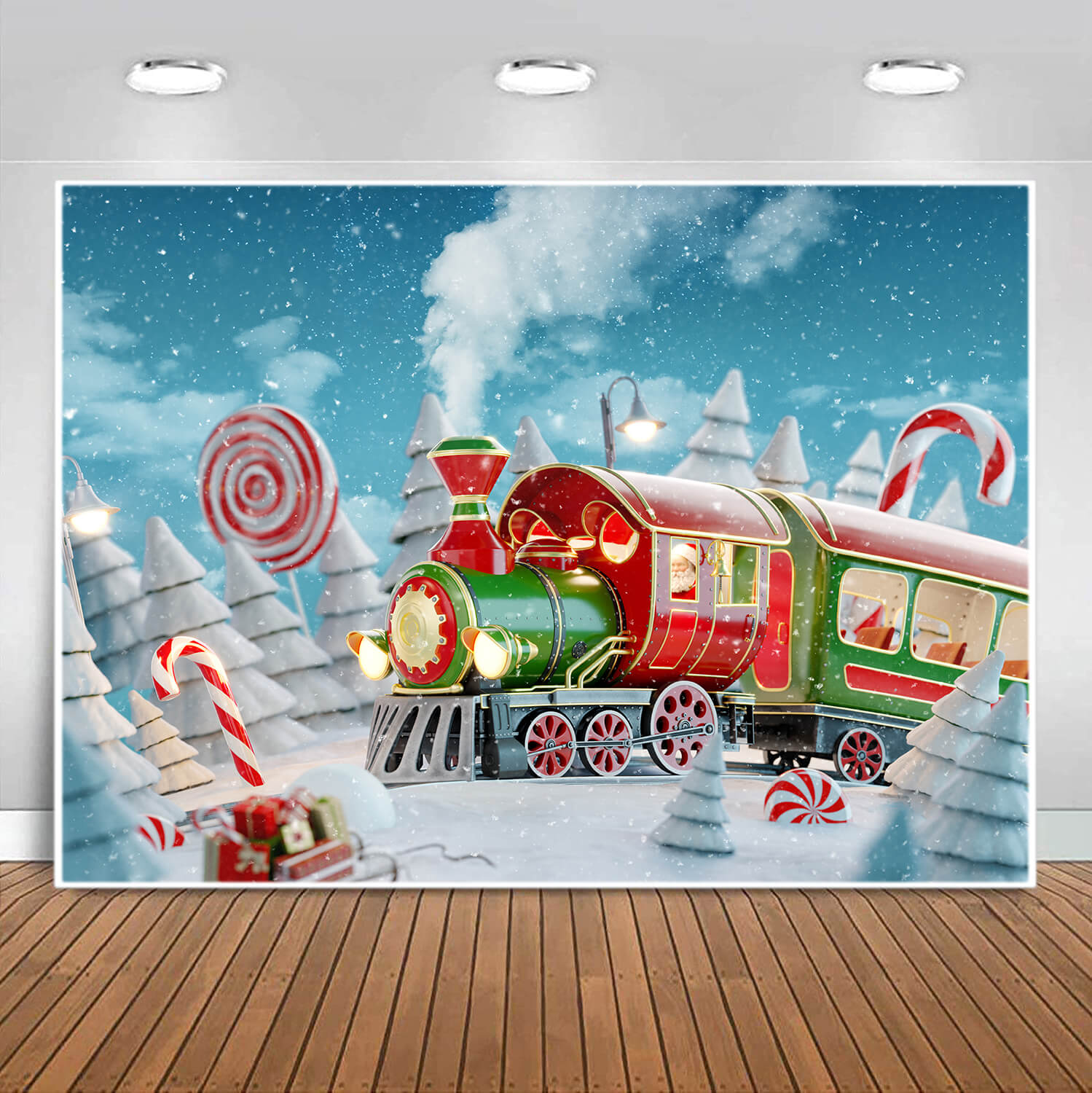 Toile de Fond de Train de Bonbons Rouge de Noël Enneigé D'hiver M7-30