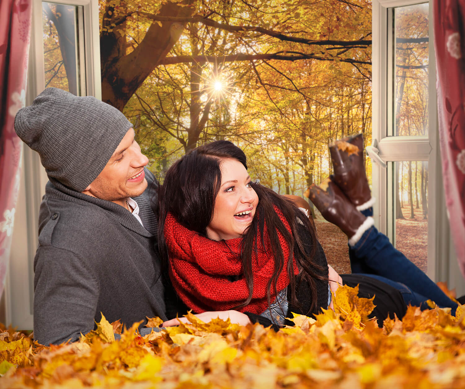 Automne Forêt Lever du Soleil Fenêtre Paysage Toile de Fond M7-81