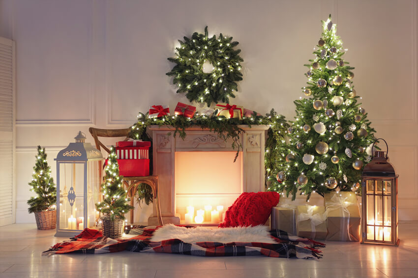 Toile de Fond Belle Cheminée Décor Sapin de Noël M8-20
