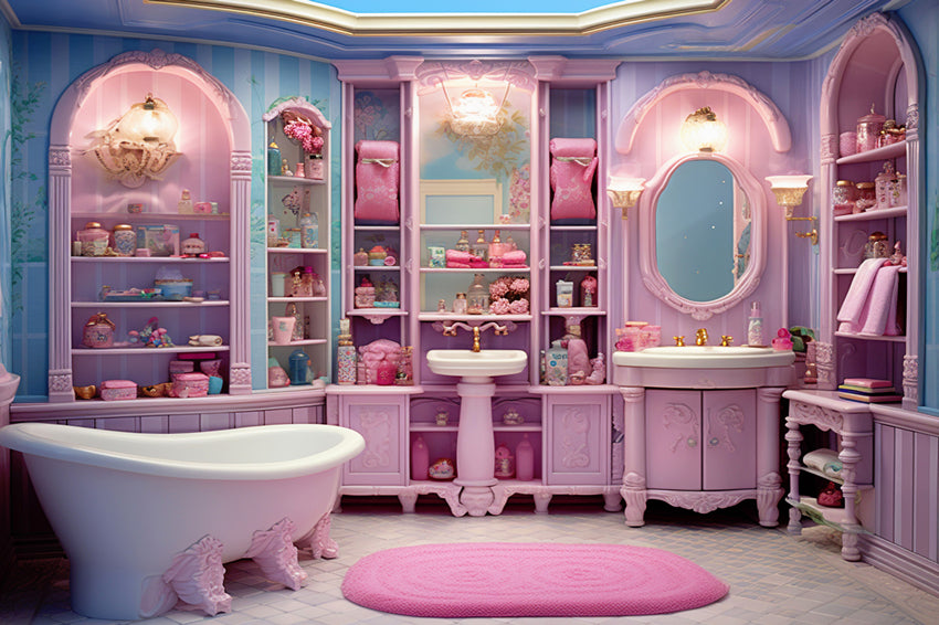 Toile de Fond Fantaisie Poupée Salle de Bain Rose Maison M8-38