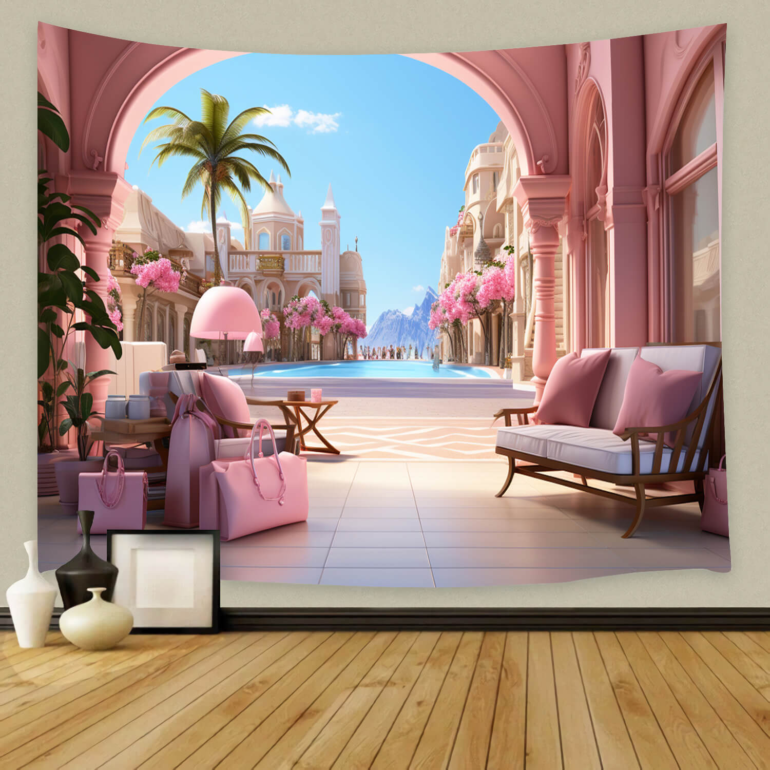 Toile de Fond pour Poupée de Mode en Château Rose M8-39