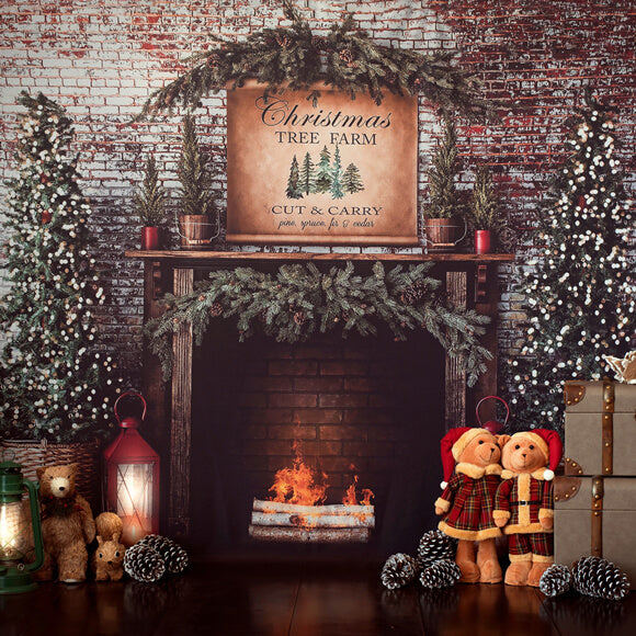 Toile de Fond de Noël Cheminée Mur de Briques M8-77