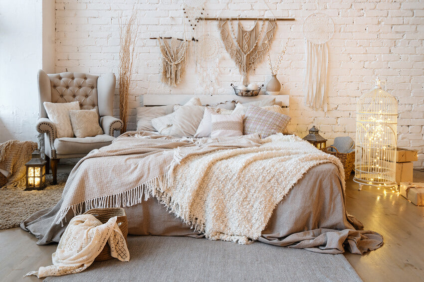 Toile de fond pour photographie d'intérieur de chambre à coucher bohème M9-13