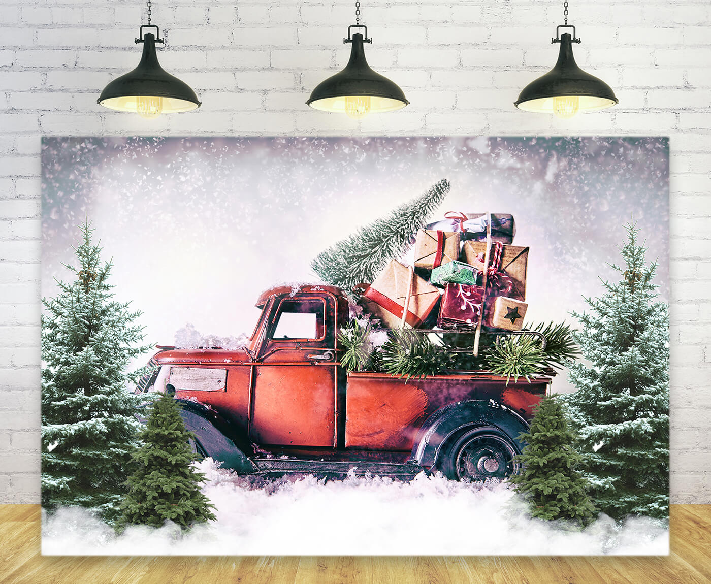 Toile de fond camion rouge de Noël avec pin Cadeaux M9-18