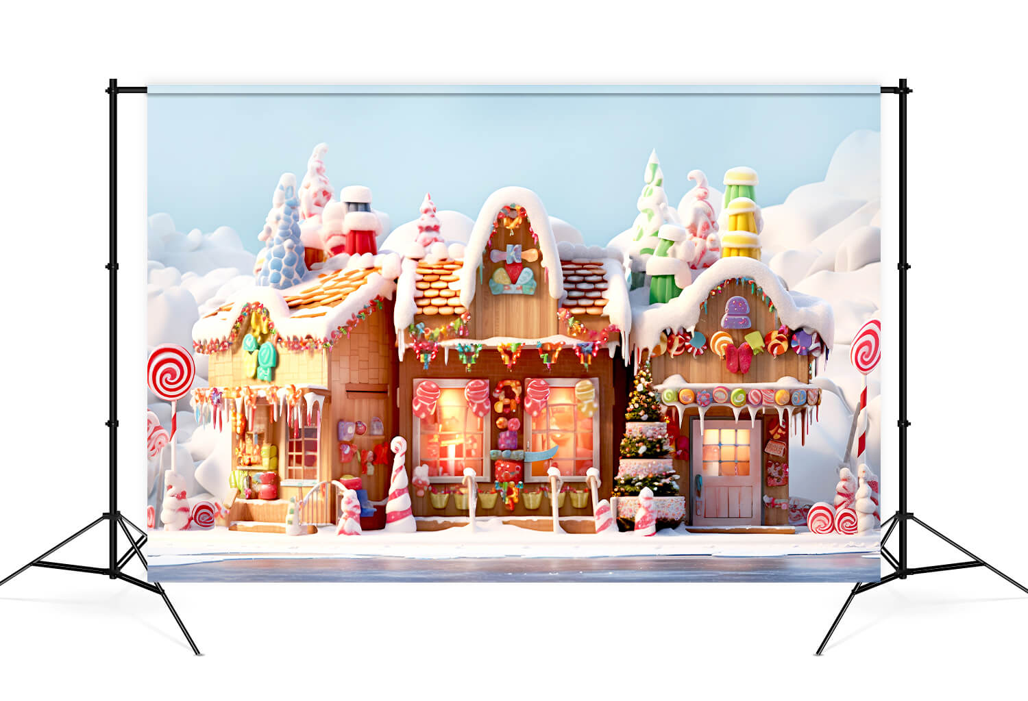 Toile de Fond de Noël Enneigée avec Maison en Pain d'Epices M9-37