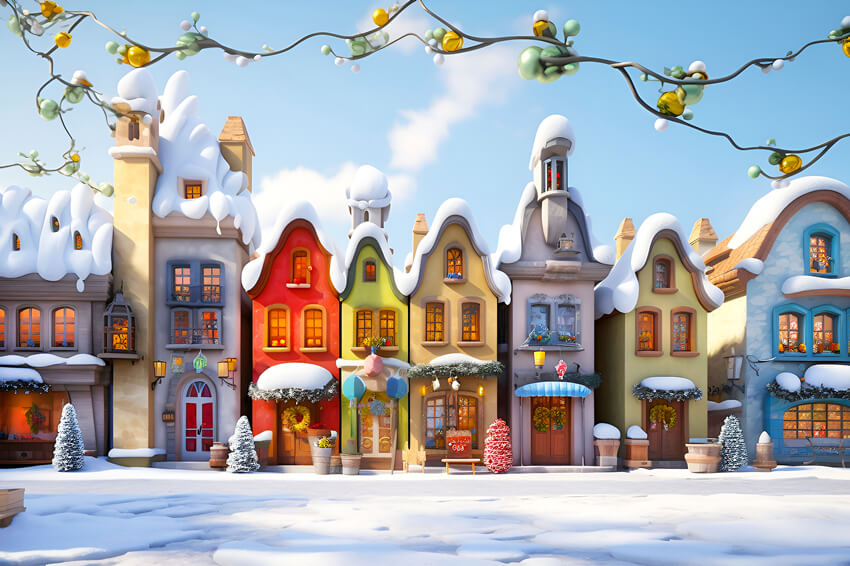 Toile de Fond Rue de Ville Enneigée Hiver pour Photographie M9-39