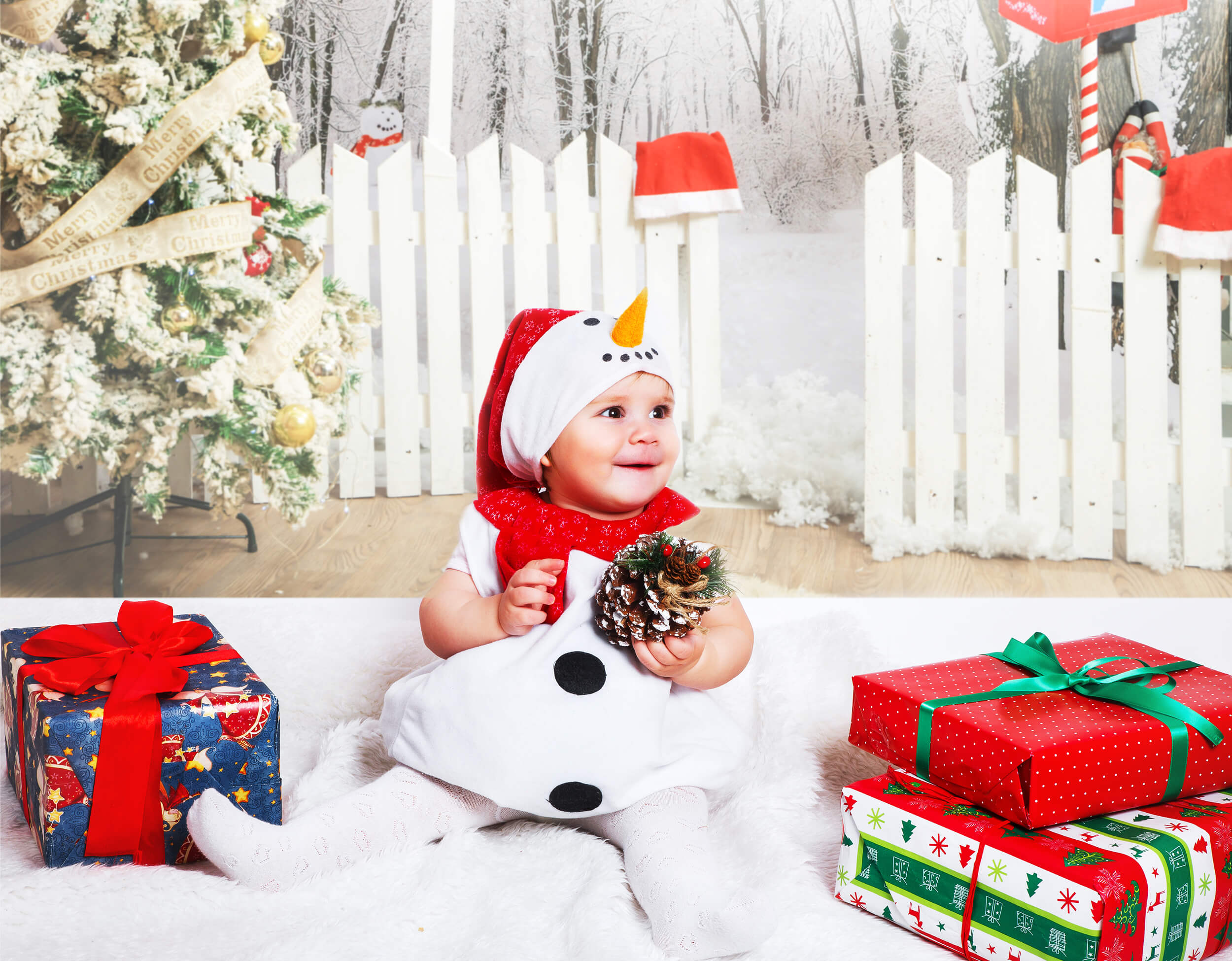 Toile de Fond Arbre de Noël Hiver Neige Clôture Porte M9-42