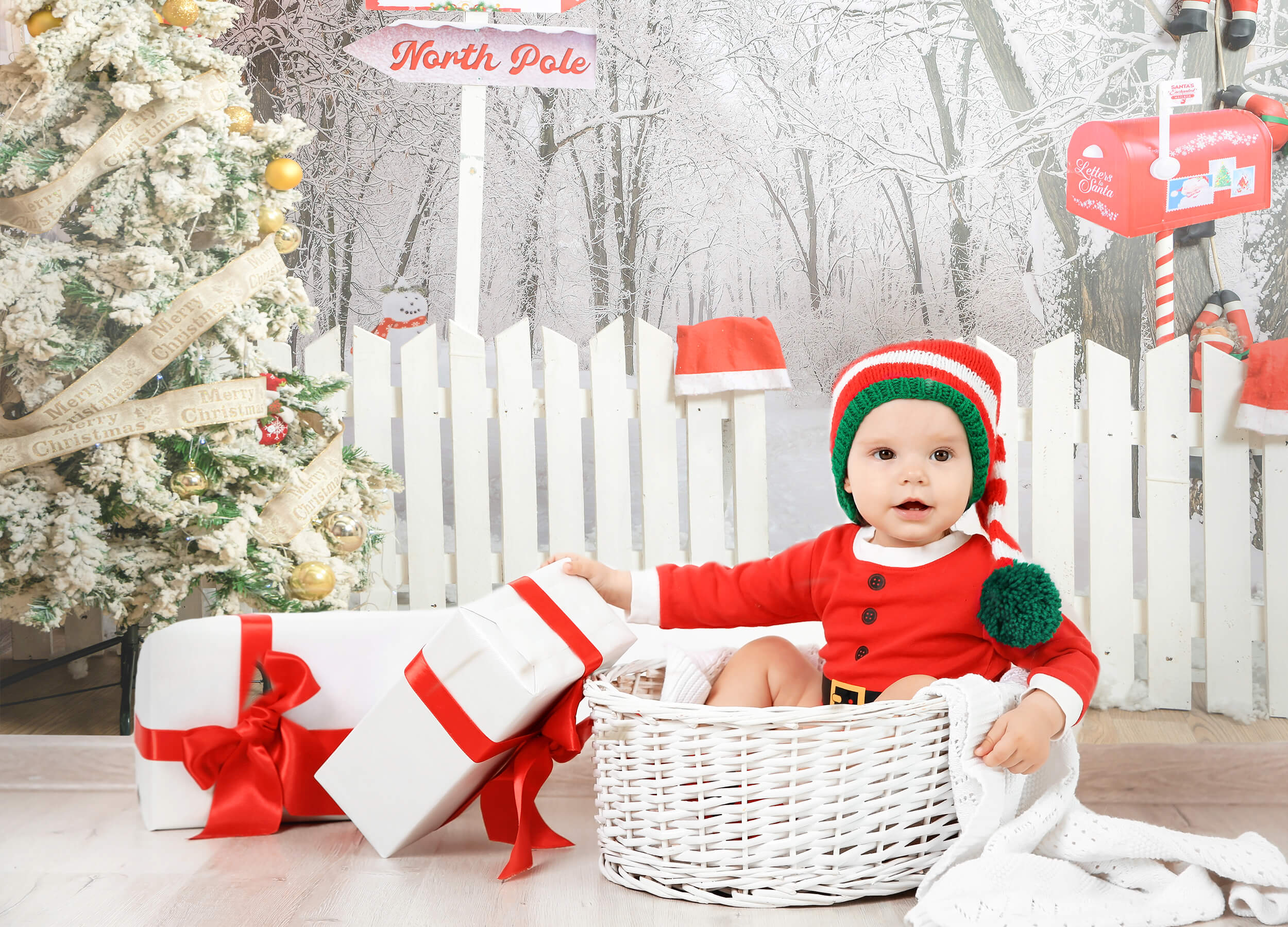 Toile de Fond Arbre de Noël Hiver Neige Clôture Porte M9-42