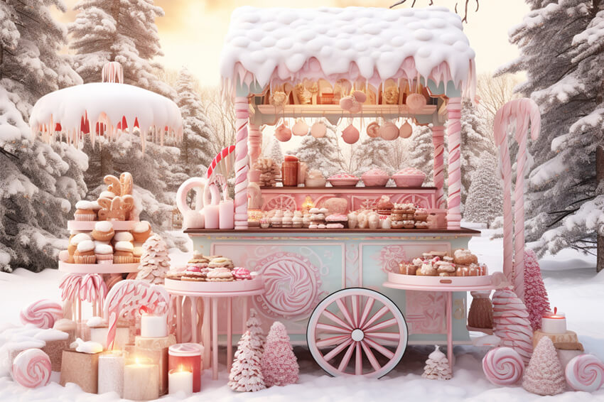 Toile de Fond Chariot de Confiserie pour Photographie de Noël M9-61